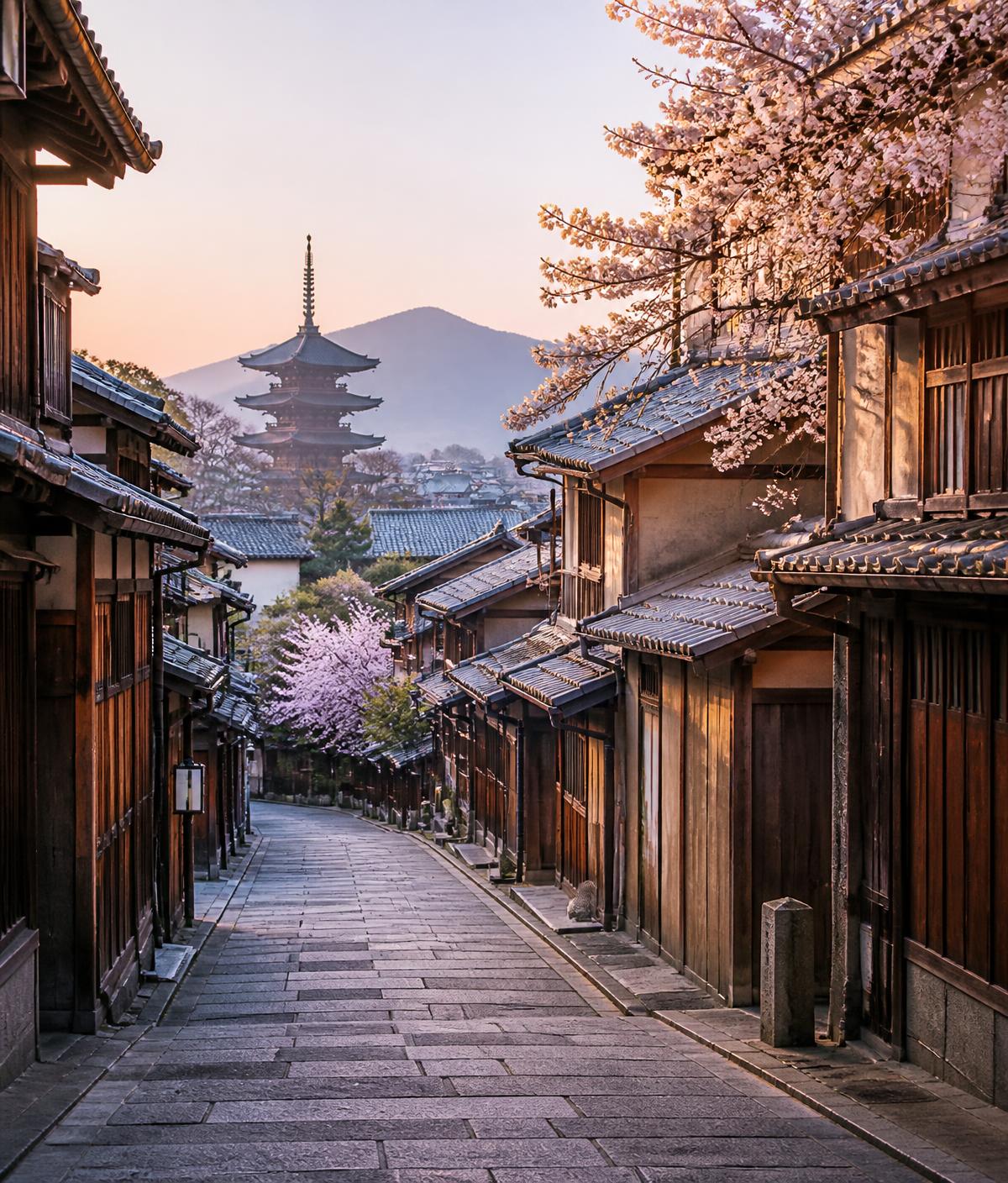Ruelle traditionnelle japonaise au lever du jour, cerisiers en fleurs et pagode