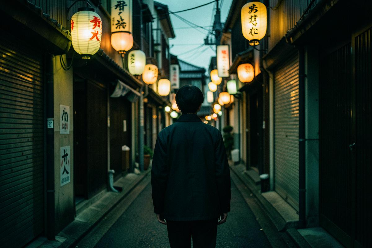 Ruelle de Tokyo éclairée par des lanternes à la tombée du jour