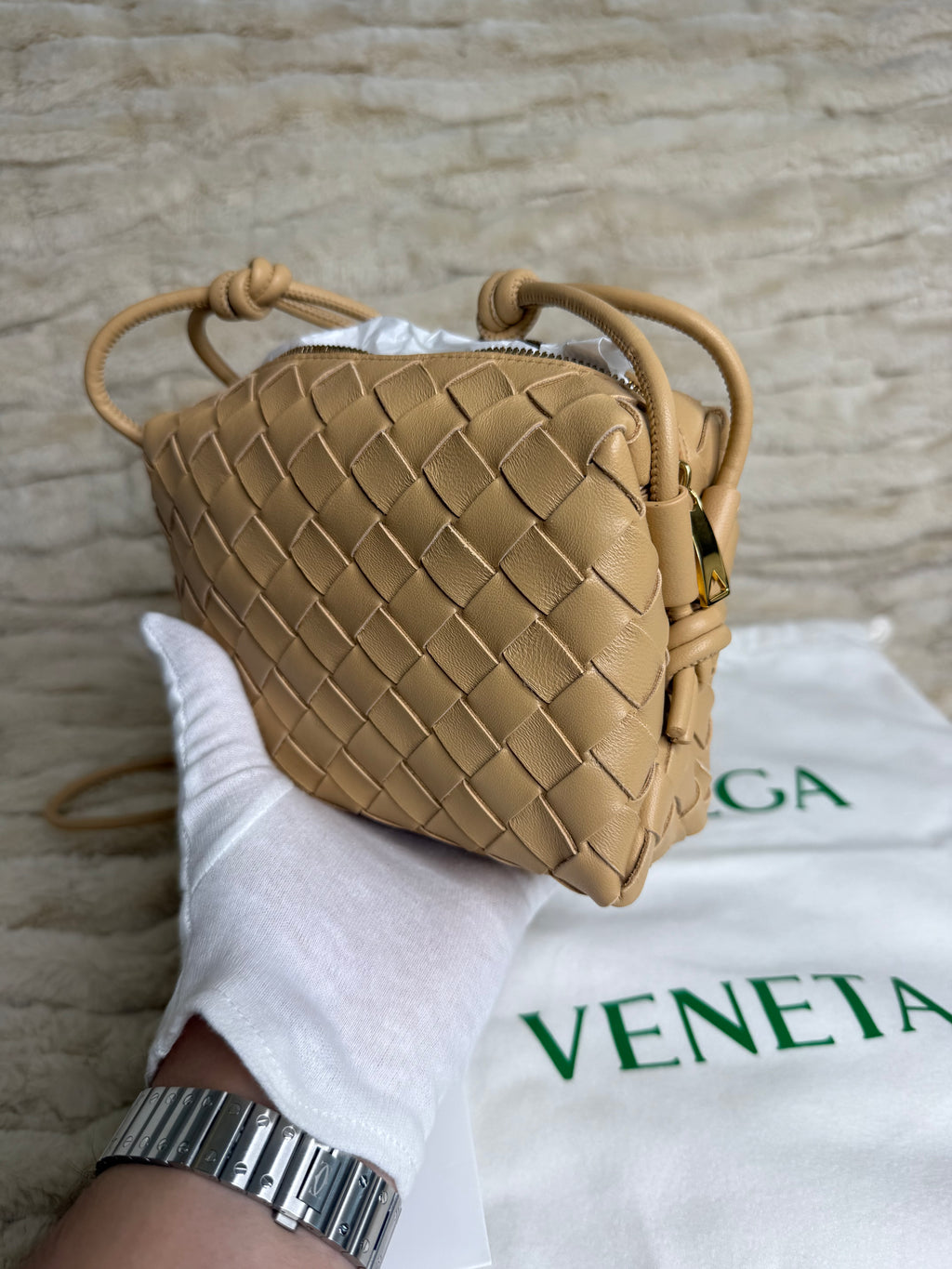 Bottega Veneta Mini Loop Intrecciato Beige